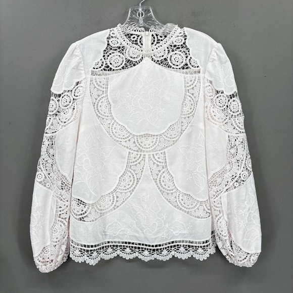 Zimmermann Blouse 2 White Lace Crochet Linen Blend Balloon Sleeve Top Bonita